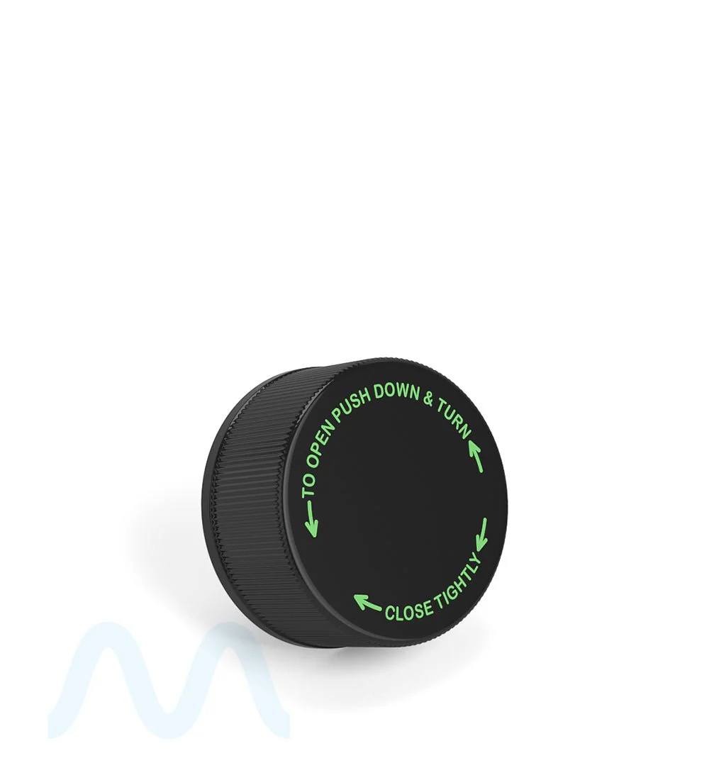 Child Resistant | Ribbed Push Down & Turn Plastic Caps w/ Foam Liner | 28mm - Glossy Black - 504 Count - Image 3